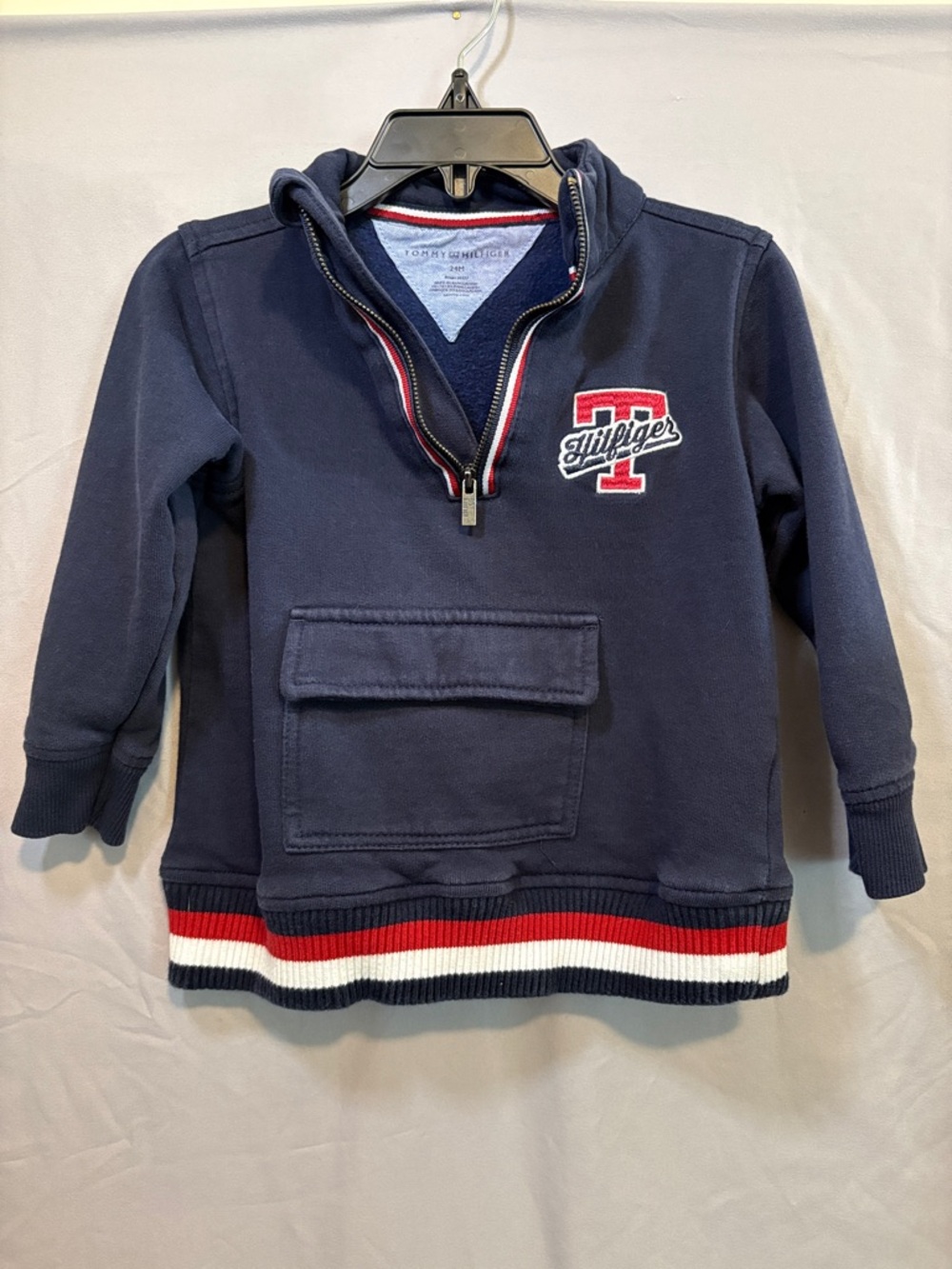 Tommy Hilfiger Kids Navy Pullover Hoodie with Red & White Trim